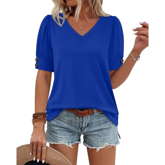 Women's Short Sleeve Blouse V Neck Casual Dressy Top Plus Size Summer - Picture 2 of 5